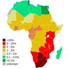 Estimation of the number of adults in Africa who are infected with HIV or AIDS. Note that levels of infection are much higher in sub-Saharan Africa. HIV In Africa.svg