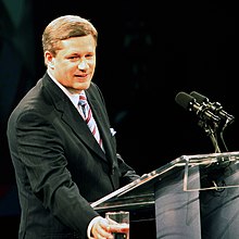 Stephen Harper giving a victory speech to party members in Calgary after the Conservatives won the 2006 federal election. Harper,-Stephen-Jan-23-06.jpg