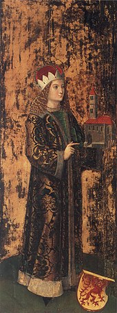 Картина, на которой длинноволосый молодой человек держит в руке рисунок церкви.