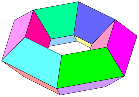 N Ein „Polyeder-Donut“ mit 30 Ecken, 60 Kanten und 30 Vierecken als Flächen verletzt mit '"`UNIQ--postMath-0000002D-QINU`"' den Eulerschen Polyedersatz.