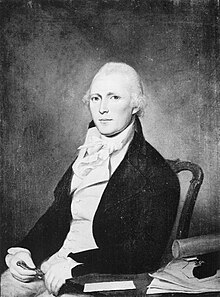 black and white photo of a color painting of a white male in wig and coat
