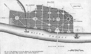 John Evelyn's plan, never carried out, for rebuilding a radically different City of London John Evelyn's plan rebuilding London Great Fire 1666.png