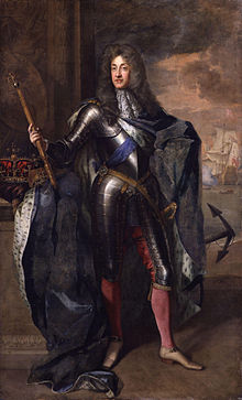 Portrait of James II of England by Sir Godfrey Kneller.
Forty years later, Irish Catholics, known as "Jacobites", fought for James from 1688 to 1691, but failed to restore James to the throne of Ireland, England and Scotland. King James II by Sir Godfrey Kneller, Bt.jpg
