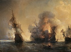 The Battle of Lagos, June 1693. French victory and the capture of the Smyrna convoy was the most significant English mercantile loss of the war. Lagos 1693.jpg
