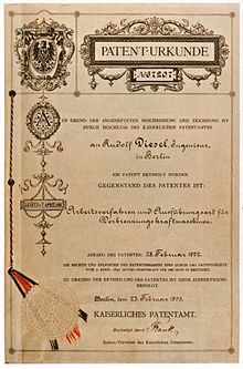 Rudolf Diesel's 1893 patent on a rational heat motor Lumbar patent dieselengine.jpg