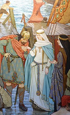 Malcolm III saludant a Margarida d'Anglaterra a la seva arribada a Escòcia; detall d'un mural de l'artista victorià William Hole. Margarida d'Anglaterra va ser la primera esposa d'un rei que va ser anomenada «reina» a Escòcia