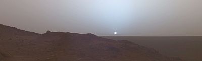 Photograph of a Martian sunset taken by Spirit at Gusev crater, May 19th, 2005.
