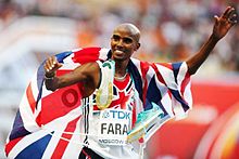 Mo Farah is the most successful British track athlete in modern Olympic Games history, winning the 5000 m and 10,000 m events at two Olympic Games. Mo Farah (2) Moscow 2013.jpg