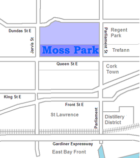 The Moss Park towers all lie south of Shuter St, but the area north to Dundas is also sometimes considered part of the neighbourhood
