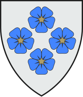 Four flax flowers pictured in the coat of arms of Mulgi Parish Mulgi valla vapp.svg