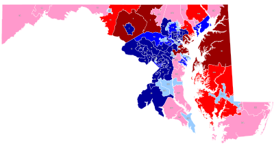 Map of Maryland house of delegates electoral districts:
3 sub-districts
2 sub-districts
1 sub-district
3 dem.

2 dem., 1 rep.

1 dem., 2 rep.

3 rep.
2 dem.

1 dem., 1 rep.

2 rep.
1 dem.

1 rep.

1 ind. Party Composition of Maryland House of Delegates Districts January 2023.svg