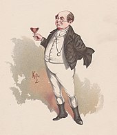 19th century watercolour of the Dickens character Samuel Pickwick: a short, portly bald man of mature years, wineglass in hand