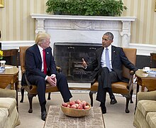 Outgoing President Barack Obama and President-elect Donald Trump in the Oval Office on November 10, 2016 President Barack Obama meets with Donald Trump in the Oval Office (cropped).jpg