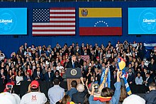 President Donald Trump warned Venezuelan soldiers to renounce loyalty to Nicolas Maduro. President Trump Delivers Remarks to the Venezuelan American Community (46422484424).jpg