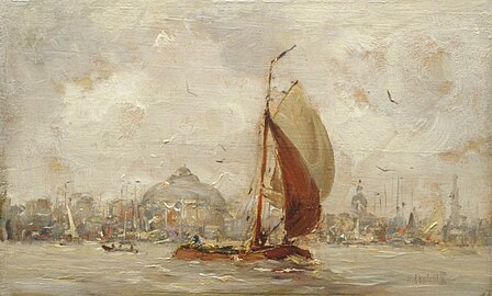 Hobbe Smith (en), Tjalk sous voiles quittant le port d'Amsterdam (1900, coll. priv.).