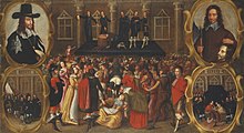 Anonymous Dutch painting of the execution of Charles I, 1649. While depictions of the execution were suppressed in England, European depictions like this were produced, emphasizing the shock of the crowd with fainting women and bloodied streets. The Execution of Charles I of England.jpg