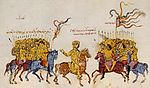 Miniature du manuscrit Skylitzès de Madrid, une version de la chronique de Jean Skylitzès représentant Thomas à cheval et habillé comme un empereur byzantin, négociant avec les Arabes. La rébellion de Thomas est l'un des épisodes les plus richement illustrés du manuscrit.