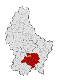 Map of Luxembourg with Walferdange highlighted in orange, and the canton in dark red