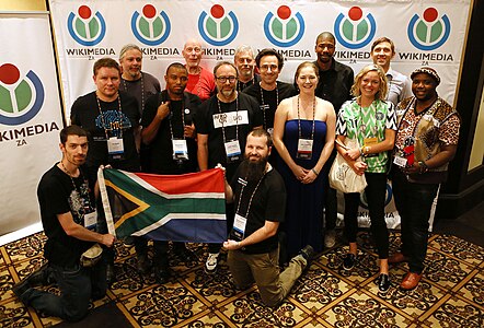 Wikimedia ZA chapter members at Wikimania with Jimmy Wales and Katherien Maher.