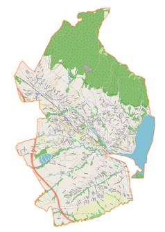 Mapa konturowa gminy Łodygowice, na dole znajduje się punkt z opisem „Pietrzykowice”