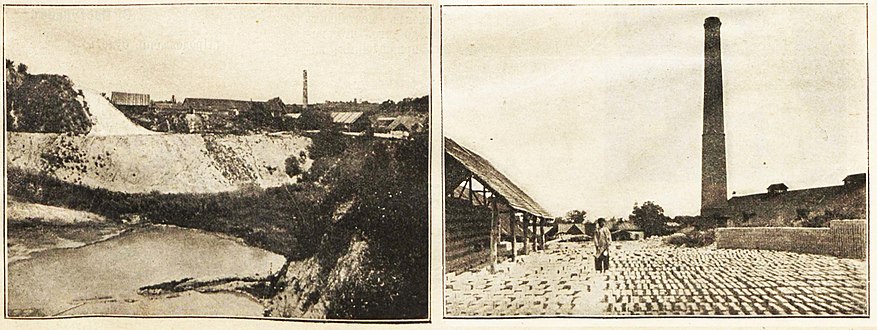 Виробництво київської цегли. Кар'єр для видобутку білого піску (зліва), сушка цегли просто неба (справа)
