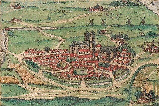 Lund nos anos 1594, segundo a obra Civitates orbis terrarum, de Frans Hogenberg