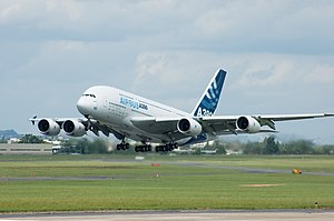 Airbus A380 taking off during Paris Air Show 2007