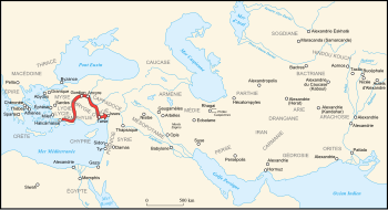 Carte de l'itinéraire d’Alexandros en Asie Mineure au cours de l’année 333