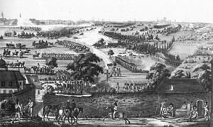 Австрийская кавалерия и пехота (слева) атакуют французов Рисунок Фридриха Роттмана