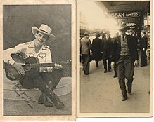 old photos of a cowboy seated with guitar, and a man in a suit walking along a city street