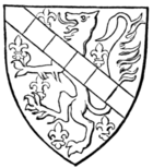 Fig. 62.—Arms of John de Beaumont, Lord Beaumont (d. 1369): Azure, semé-de-lis and a lion rampant or, over all a bend gobony argent and gules. (From his seal.)