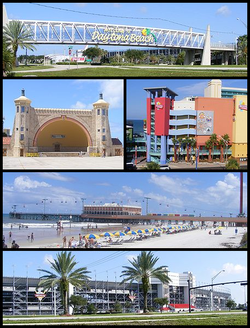 Сверху слева направо: приветственный знак при входе в Дейтона-Бич; Daytona Beach Bandshell; Магазины Ocean Walk; Пирс Дейтона-Бич; Дейтона Интернешнл Спидвей