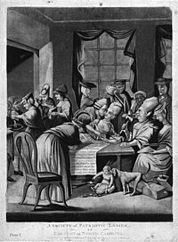 Satirical drawing of a women's counterpublic in action in 1775 tea boycott