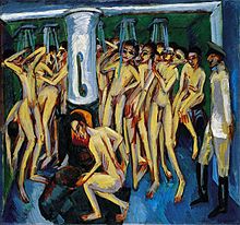 Ernst Ludwig Kirchner, 1915, El bañu de los soldaos o Artillerymen, oleu en llenzu, 140.3 × 151.8 cm