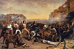 Davy Crockett leading Texian defenders in the Battle of the Alamo which depicted him wielding his rifle as a club against Mexican troops who have breached the walls of the old Spanish mission FalloftheAlamo.jpg