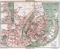 København ca. 1888. Forstadsbebyggelserne Vesterbro, Nørrebro og Østerbro er begyndt at brede sig uden for de gamle fæstningsværker.