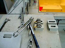 Twist-locks and lashing rods (pictured) are widely used to secure containers aboard ships. Manual twistlock.jpg