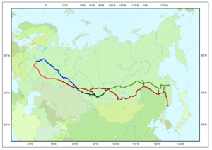 قرمز: راه آهن سراسری سیبری (ترانس‌سیب) سبز: راه آهن بایکال آمور (بام).