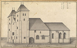 Mariakirken, tecknad av J. J. Reichborn 1768.