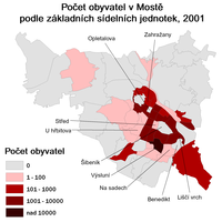 Rozmístění obyvatelstva v Mostě podle základních sídelních jednotek.