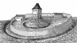 A motte and bailey castle Motte Strichzeichnung.png