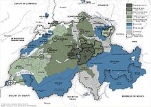 The Old Swiss Confederacy from 1291 (dark green) to the sixteenth century (light green) and its associates (blue). In the other colours shown are the subject territories. Old Swiss Confederation.jpg