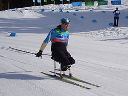 Atleta amputada dos membros inferiores, vestindo azul e usando óculos de proteção, compete posicionada sobre uma espécie de cadeira com esquis.