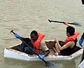 pointy boat .. Testing video .. Competition video .. boat doesn't get a name, doesn't get painted a color .. some kids jump out and climb back in during the race