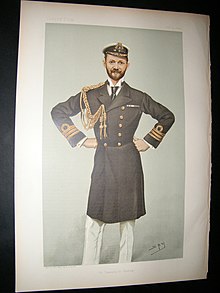 A colored drawing on a page from a book of a man with his hands on his hips, facing the viewer, in a coat and hat of an officer in the Royal Navy