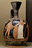 Η Αθηνά φέρει ένα κλαδί ελιάς ως σχέδιο στην ασπίδα της. Αρχαία ελληνική αττική ερυθρόμορφη λήκυθος, περ. 400 π.Χ., από την Αθήνα