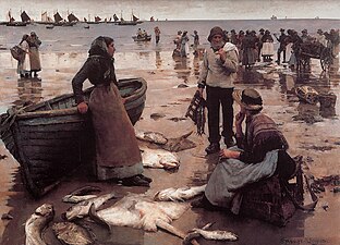 Stanhope Forbes: Fiskemarked på strand i Cornwall, 1885 A Fish Sale on a Cornish Beach[8]
