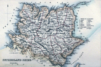 An 1861 map of Sutherland, with its parishes outlined in red Sutherland 1861 map.png