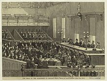 An artist's sketch of the trial, Illinois vs. August Spies et al. (1886) The trial of the anarchists in Chicago.jpg