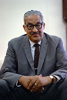 African-American civil rights lawyer Thurgood Marshall fought numerous battles in the courts for equal opportunity for all races in the United States; argued the 1954 Brown v. Board of Education case and won, and in 1967 was appointed to the Supreme Court. Thurgoodmarshall1967.jpg